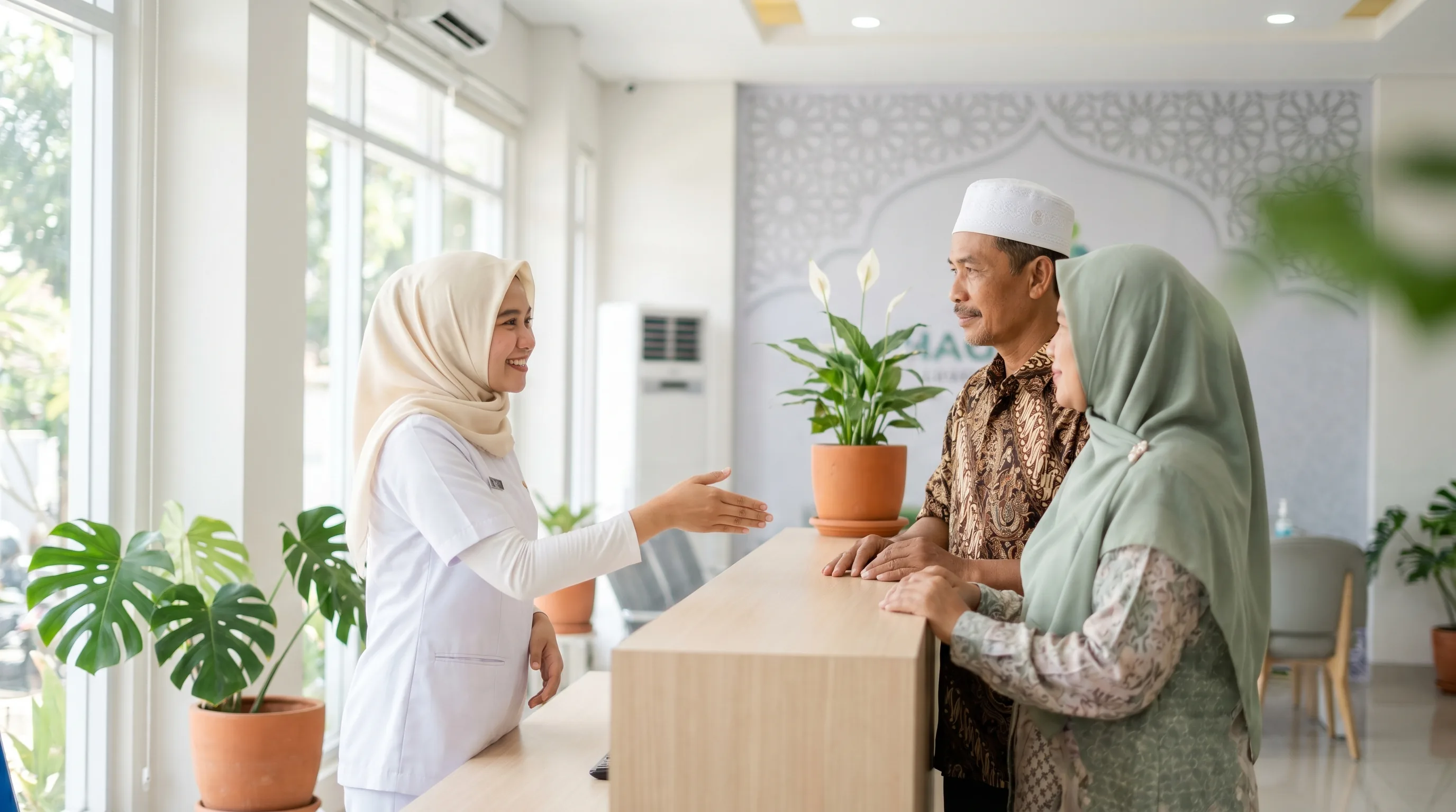 Perawat berhijab menyambut pasangan jemaah haji dengan ramah di resepsionis Klinik Yeka Medika